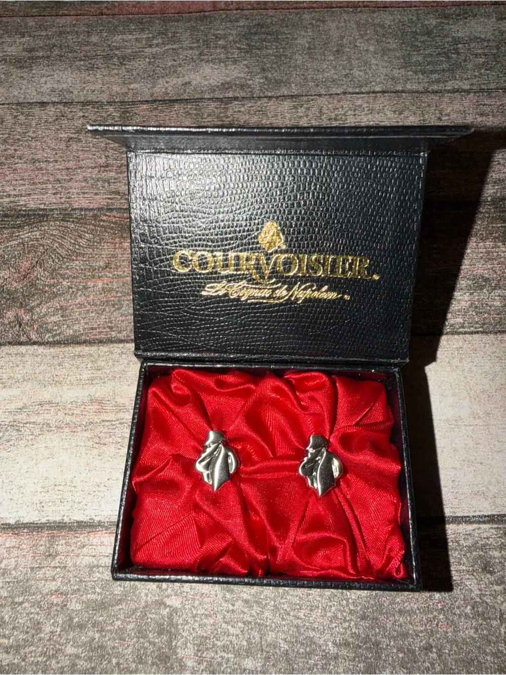 Courvoisier Silver Tone Figural Cufflinks on Red Satin